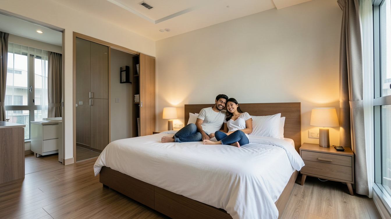 Small Condo Bedroom: How to Fit a Queen Bed, Wardrobe and Dressing Area - Singapore Home Interior