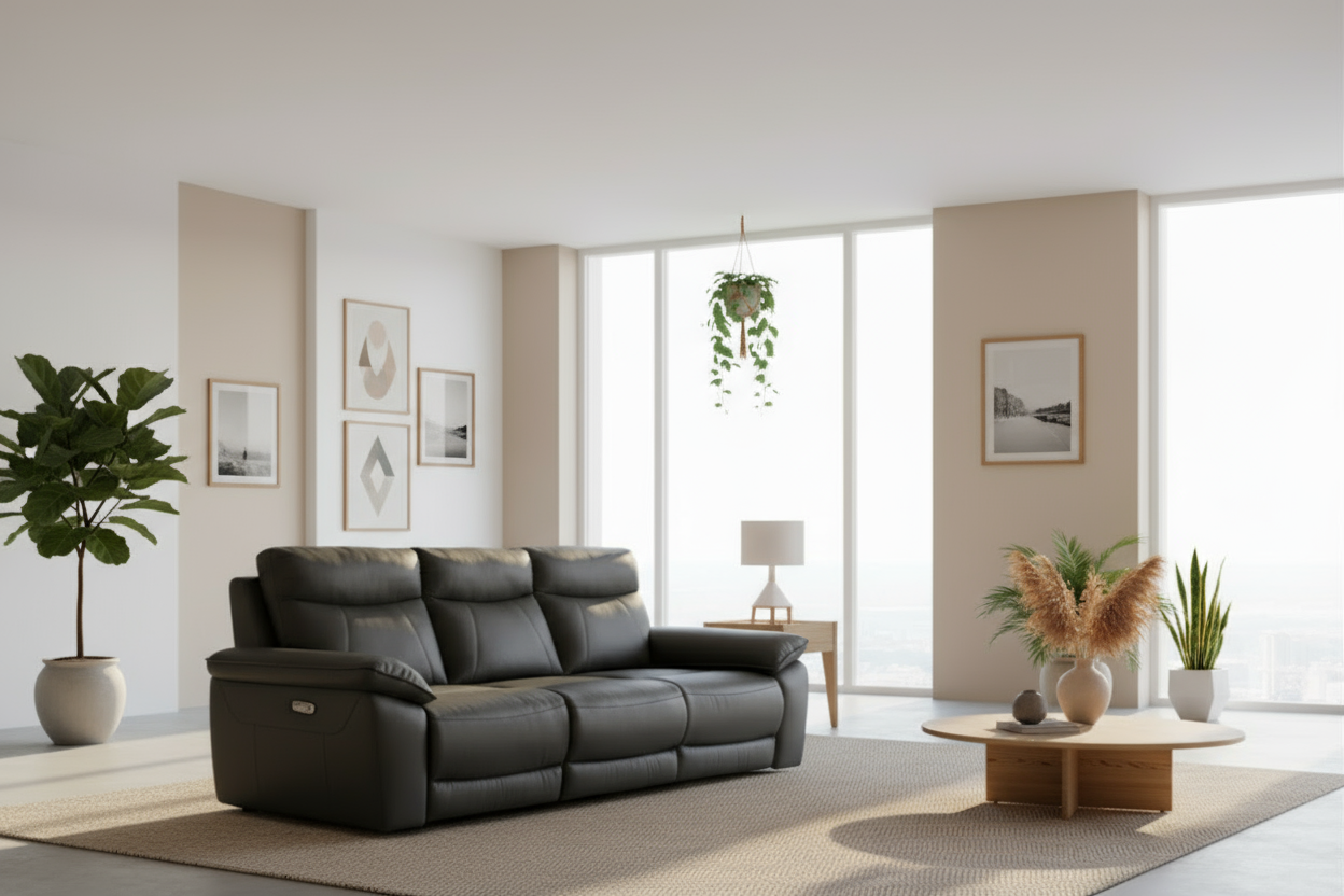 A brown leather Alto Half Leather Recliner Sofa with a sleek design featuring plush cushions and a three-seater configuration.