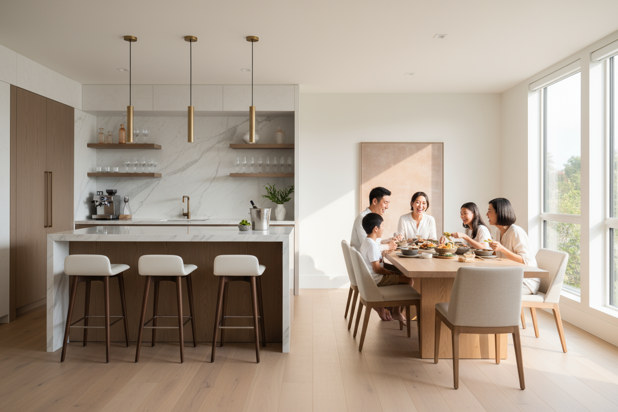 A modern open-concept dining room with an elegant dining table and an adjoining kitchen featuring a sleek mini bar. An Asian family is gathered around the table, smiling and enjoying a meal together. The interior design includes warm natural lighting, wooden furniture with soft beige and white tones, and minimalist décor. The mini bar has stylish bar stools, pendant lights, and neatly arranged glassware. The overall mood is cozy, bright, and welcoming — showcasing a contemporary home lifestyle.
