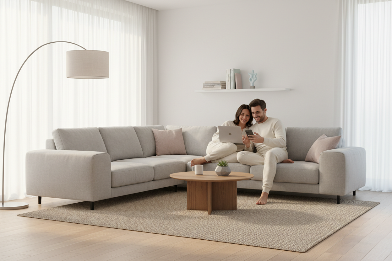 Minimalistic lifestyle image of a modern home scene, bright and airy, featuring a happy person or couple using a laptop or smartphone, relaxed and cozy atmosphere, soft natural lighting, neutral and pastel tones, clean modern interior with subtle home décor, conveys comfort and approachability, modern and inviting.