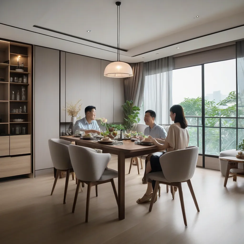 A dining room arranged according to Feng Shui principles with a round wooden table