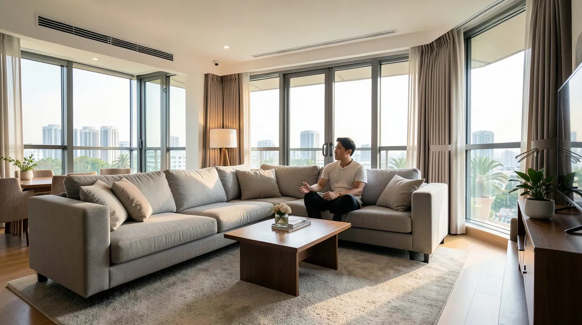 A curved sofa styled in a compact Singapore apartment living room