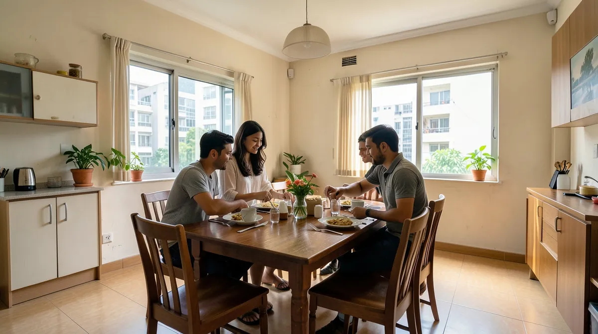 A compact dining table and chairs fitted neatly into a small 3-room BTO dining area
