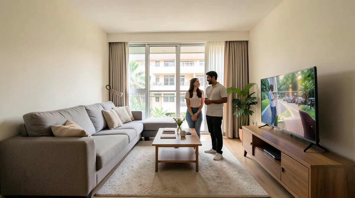 A sleek wall-mounted TV console with hidden cable management in a modern living room
