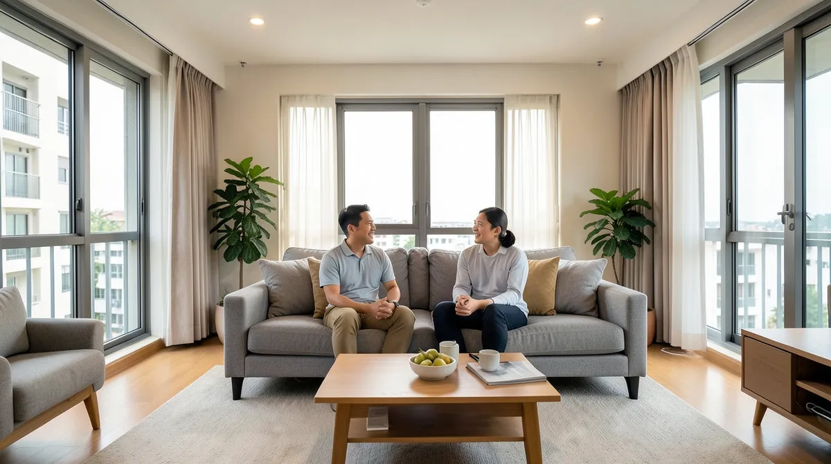 A textured bouclé fabric sofa styled in a bright Singapore living room