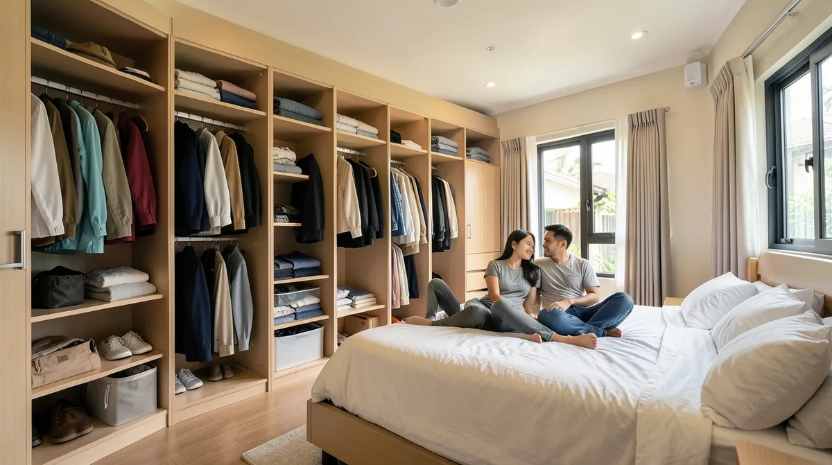 A BTO bedroom featuring a floor-to-ceiling built-in wardrobe alongside a stand-alone wardrobe option