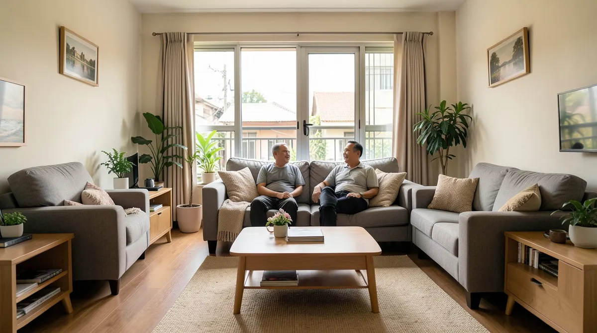 A couple browsing sofas together in a bright furniture showroom.