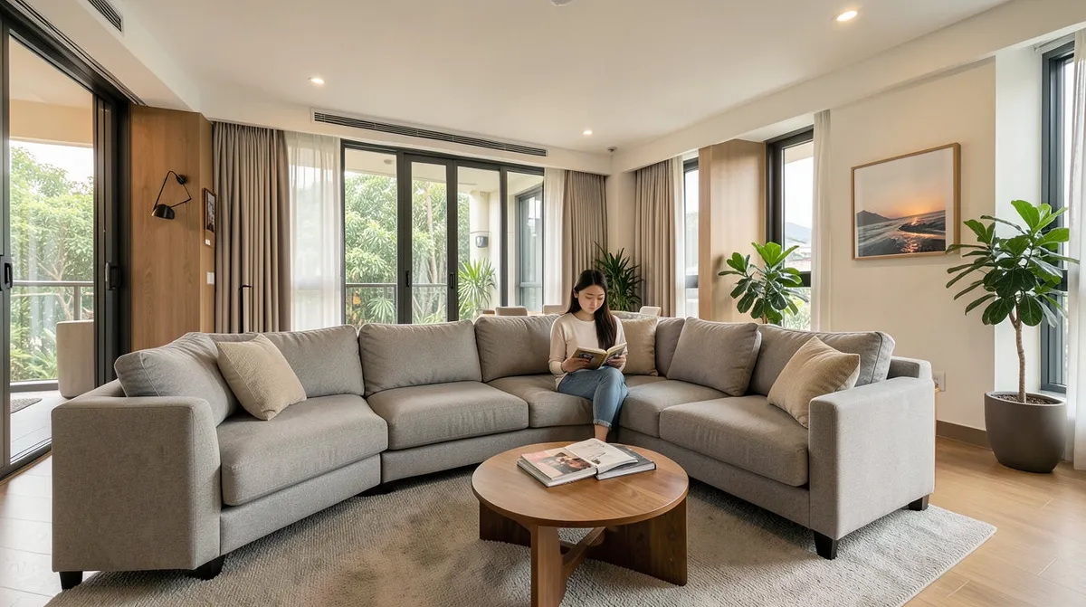 A budget-friendly compact sofa fitted into a small HDB living room.