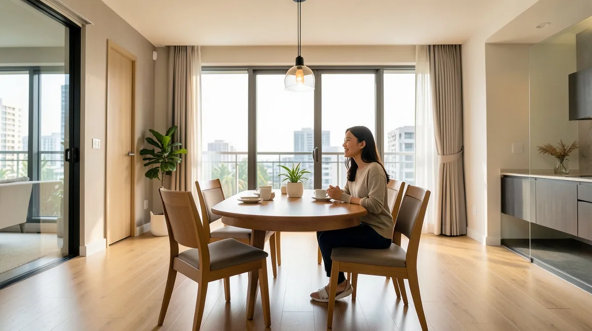A stylish dining area featuring a mix of chairs and a bench around a wooden table.