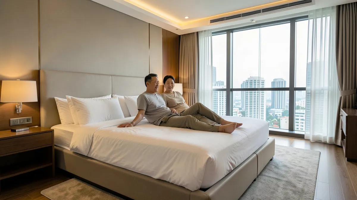 A serene bedroom with a low-profile bed and sliding-door wardrobe designed for relaxation.