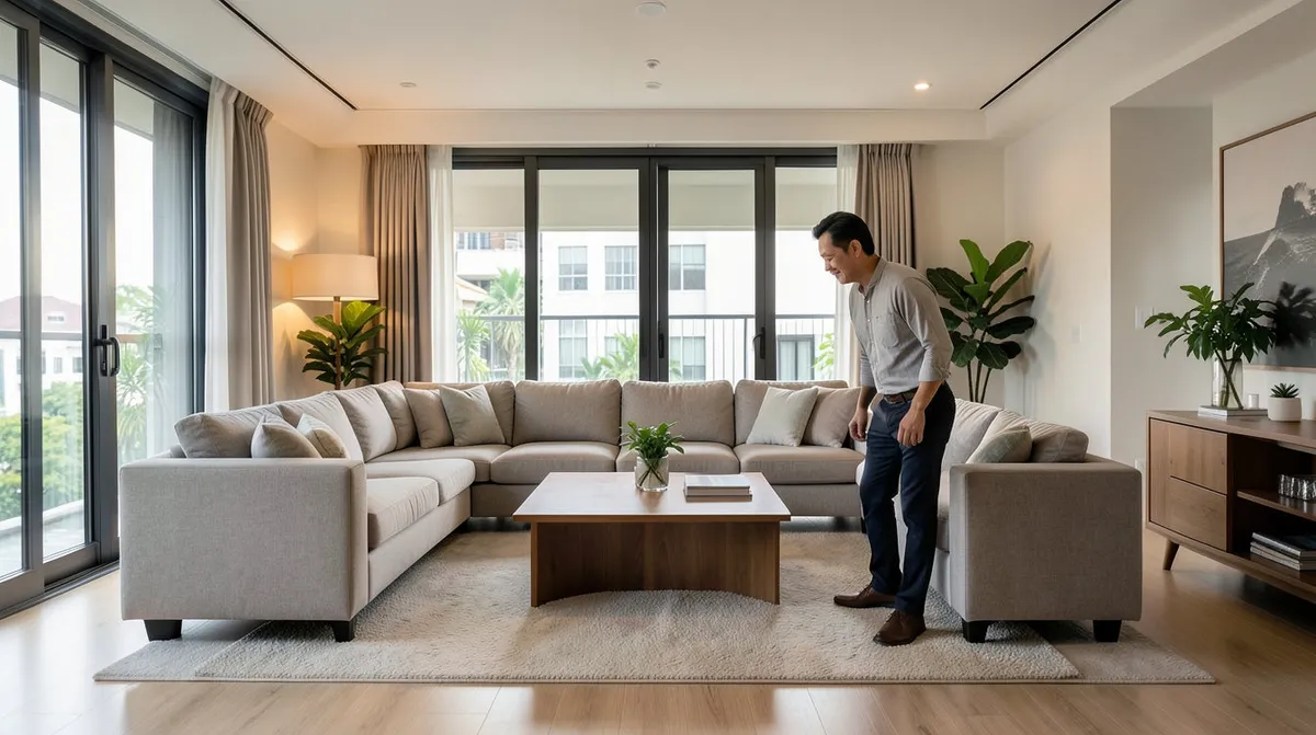 A spacious family living room with an L-shaped sofa accommodating several people.