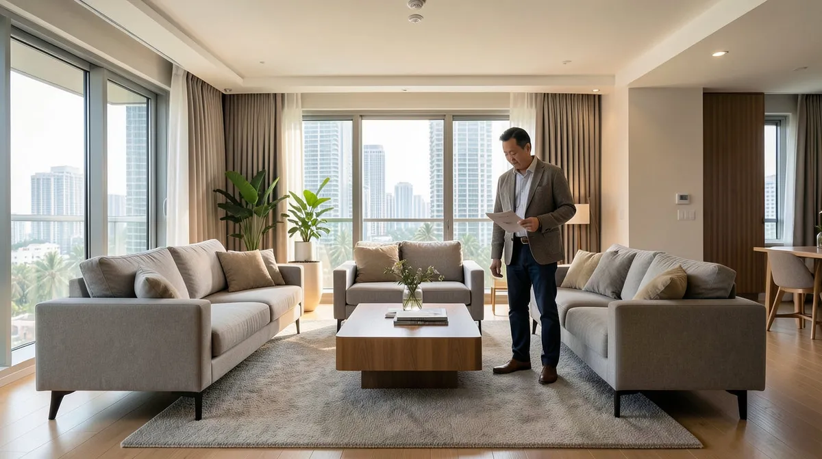 A warm living room styled with earth-toned furniture and natural textures.