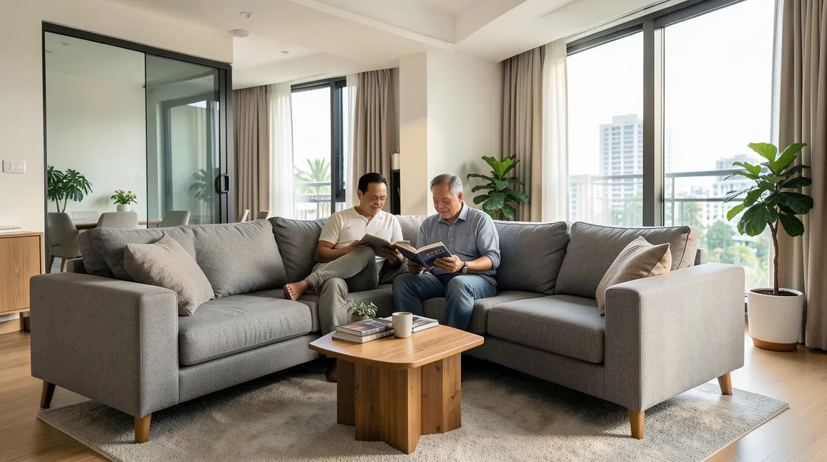 A modular sectional sofa arranged in an open-concept Singapore living room.
