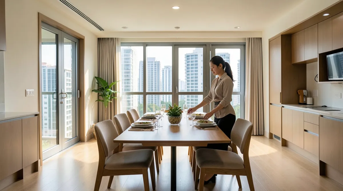 An extendable dining table shown expanded to seat more guests.
