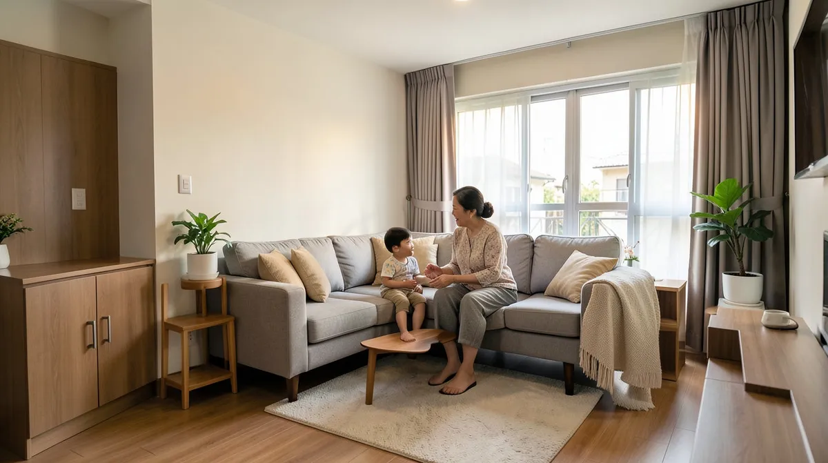 Spacious 5-room BTO living room furnished with a sofa, coffee table and TV console