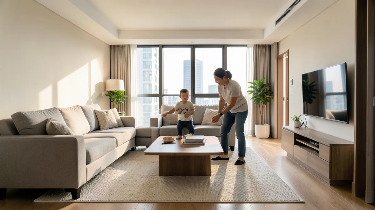 Well-furnished landed home living room with balanced seating and decor filling a large space