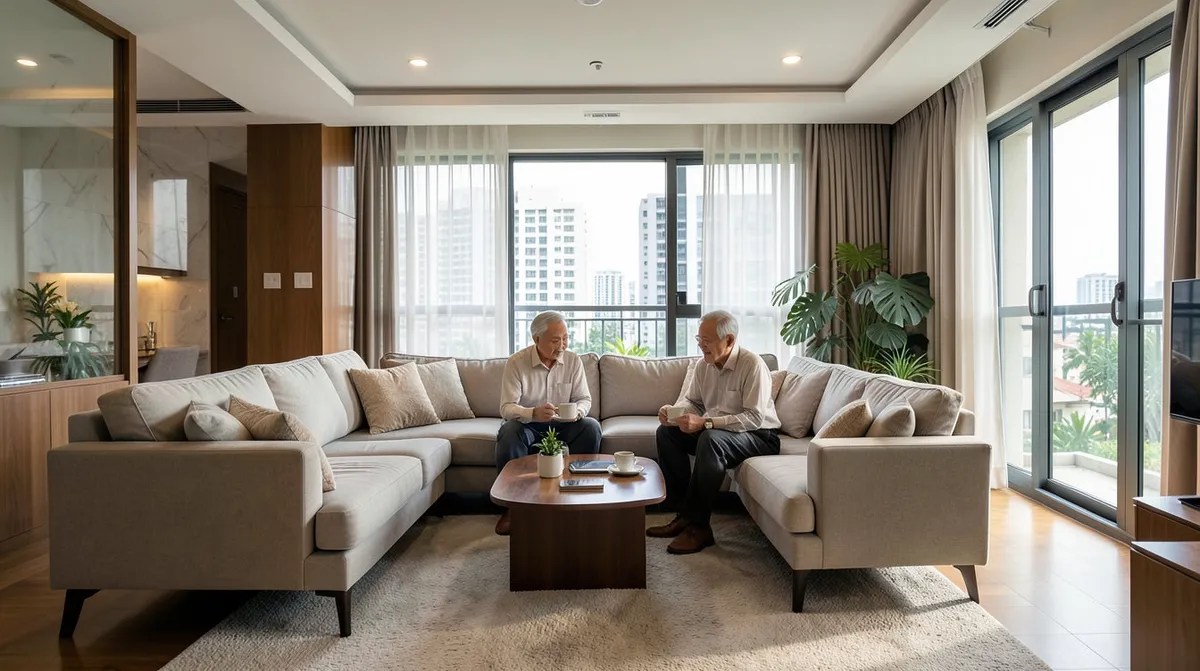 Compact new-launch condo living room furnished with space-saving furniture pieces
