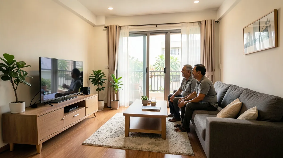 Happy Singapore family relaxing together in their furnished living room