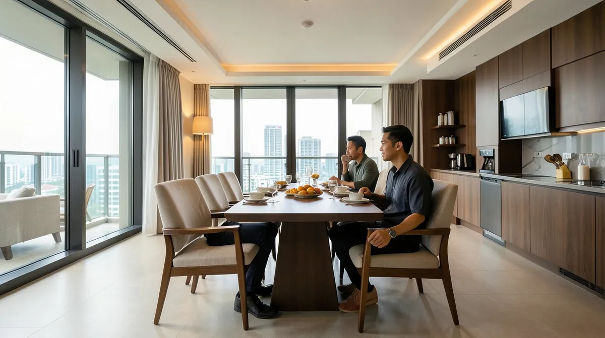 Open-concept HDB living and dining area arranged with sofa and dining table zones
