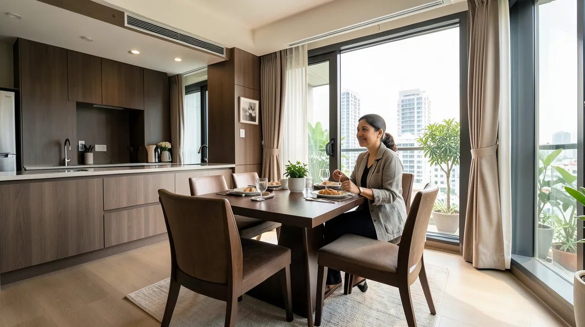 A sintered stone dining table set in a bright Singapore dining area, showing its smooth stone surface and clean lines.