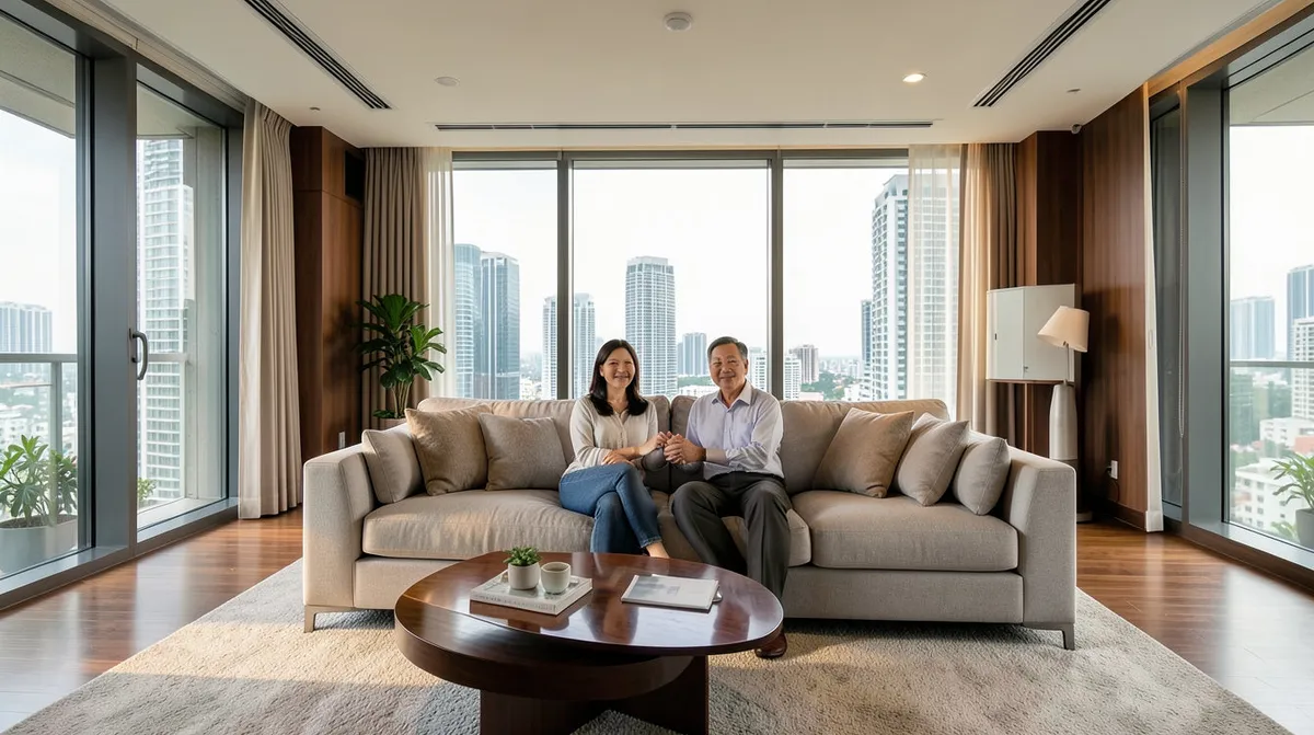 A slim-profile sofa positioned along the wall of a narrow HDB living room to maximise walking space.