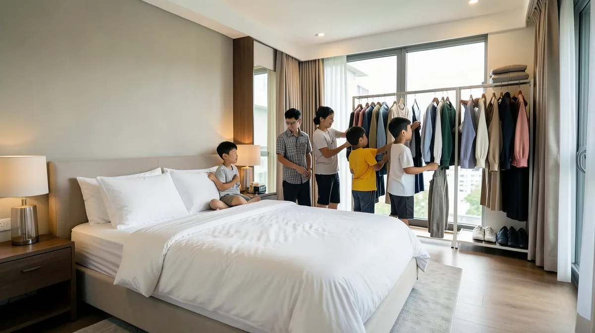 A slim sliding-door wardrobe fitted neatly against the wall of a small Singapore bedroom.