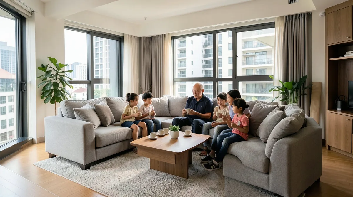 A comfortable three-seater fabric sofa styled as the centrepiece of a Singapore living room.