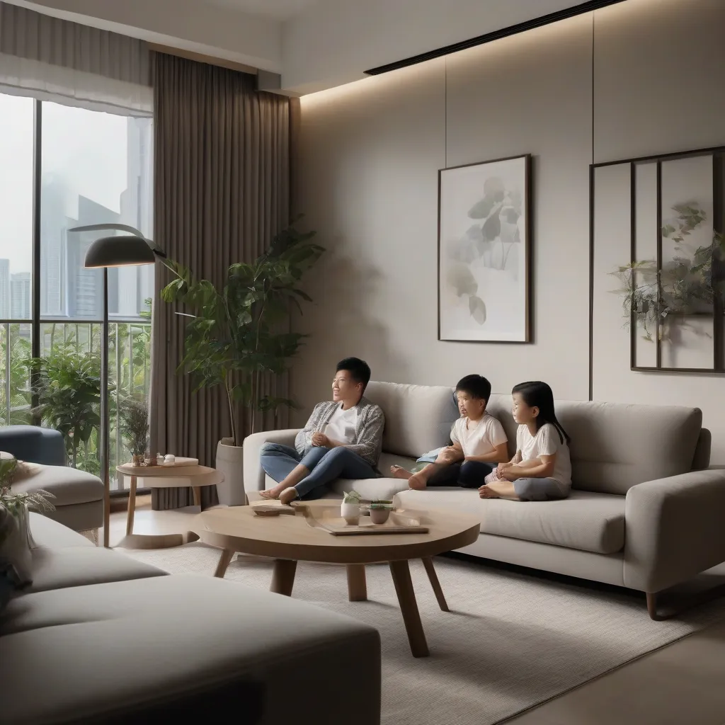 A fabric sofa being wiped clean with a cloth in a humid Singapore living room setting.