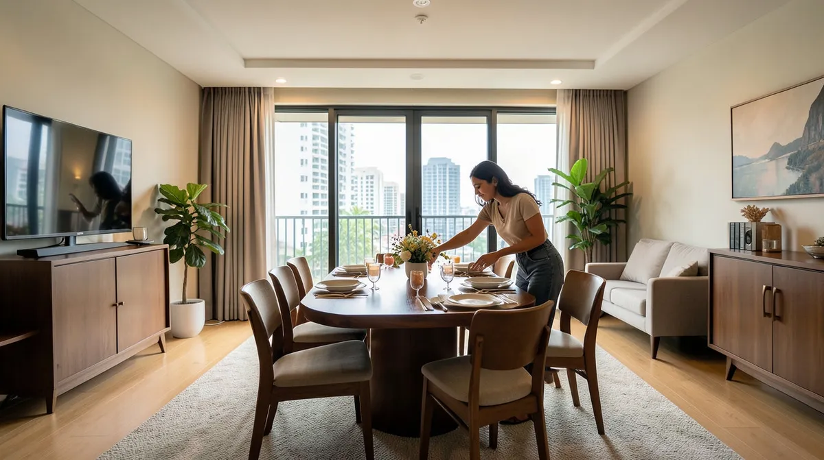 A dining table and chairs set up within an open-concept BTO living and dining area.