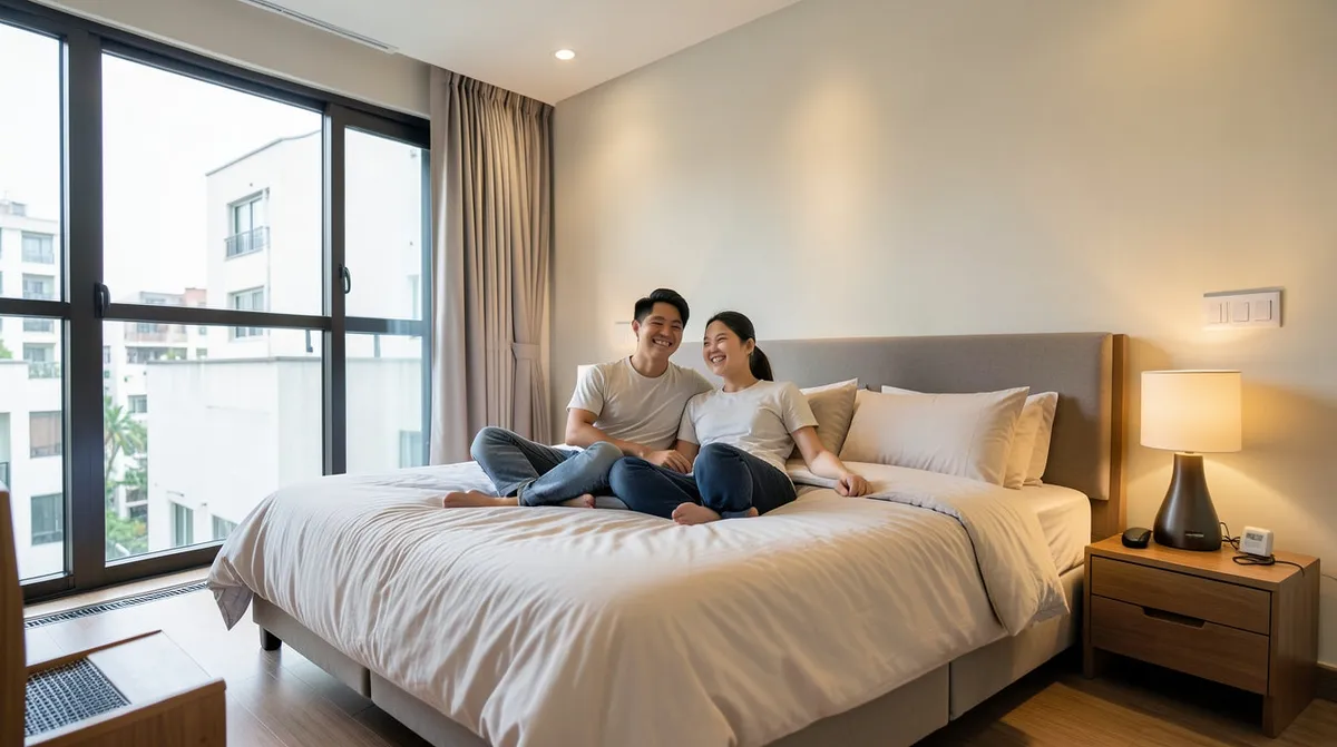 A bedframe and mattress set up in a tidy Singapore bedroom, with visible frame joints and support slats.