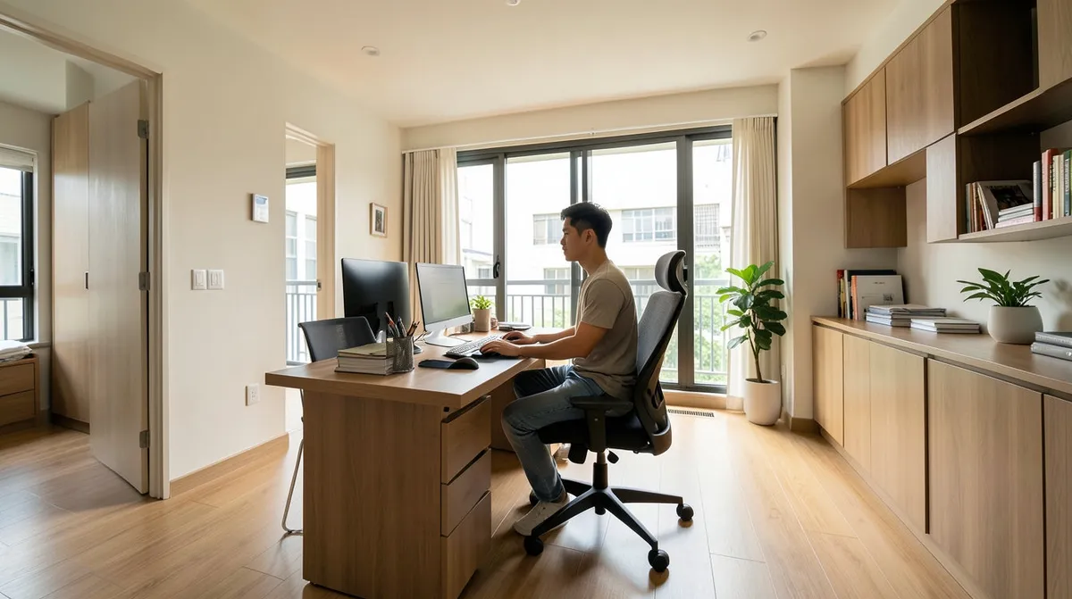 A condo guest room furnished with a compact desk and sofa bed to double as a home office.