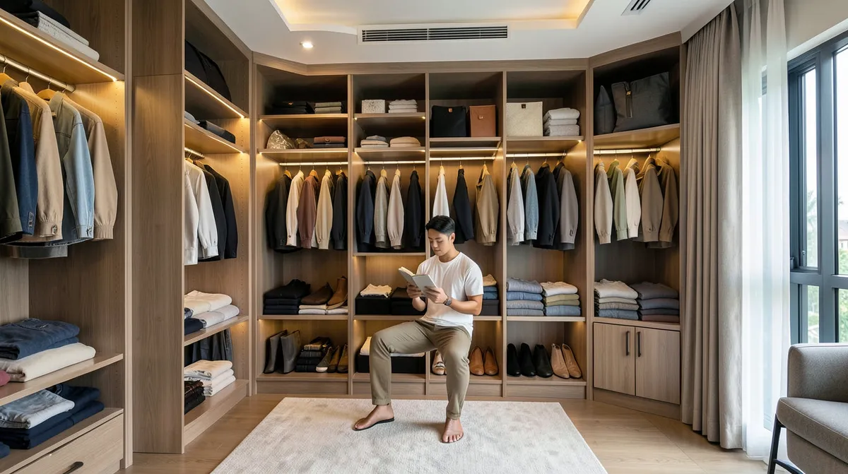 A well-ventilated wardrobe with visible internal shelving in a humid Singapore bedroom.