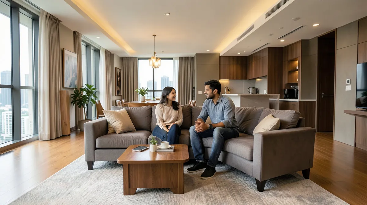 Movers carefully manoeuvring a sofa through a narrow HDB doorway during delivery.
