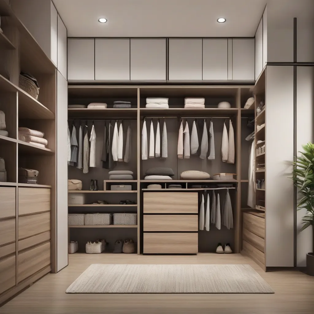 A well-organised custom wardrobe with shelves, drawers and hanging space in a Singapore bedroom
