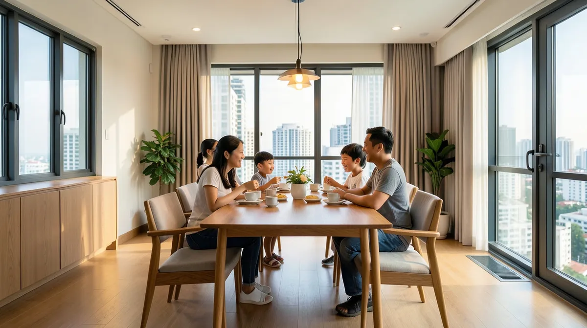 A dining table set within an open-concept HDB living and dining space