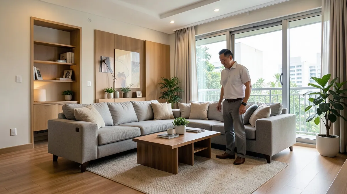 A stylish fabric sofa arranged in a bright Singapore living room