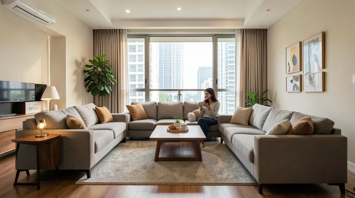 A shopper inspecting furniture construction quality in a Singapore showroom