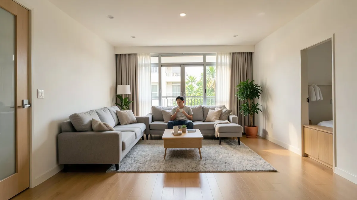 A minimalist Japandi-style living space with natural wood furniture