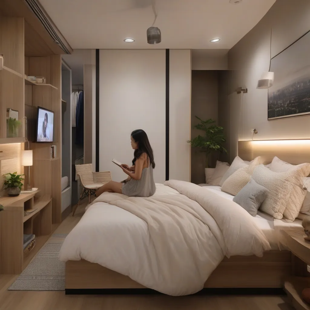 A queen-size bed positioned in a compact Singapore bedroom