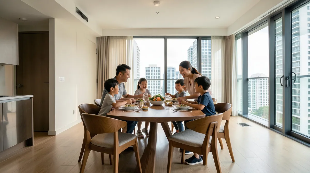 A pendant light fixture glowing warmly above a dining table