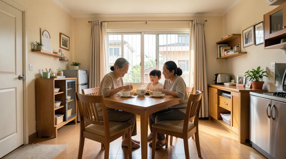 Dining table and chairs set up in a compact Singapore HDB dining area