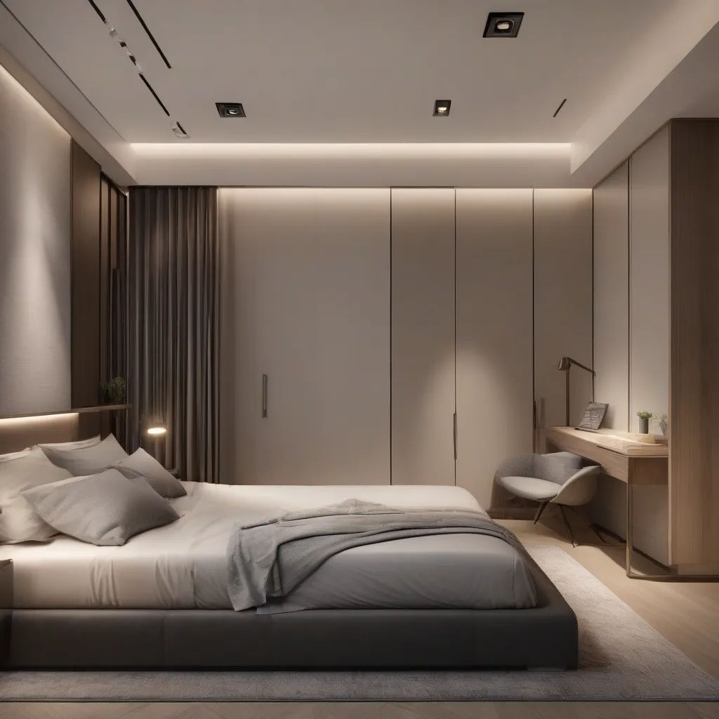 A person making up a bed, checking the mattress condition in a bright bedroom
