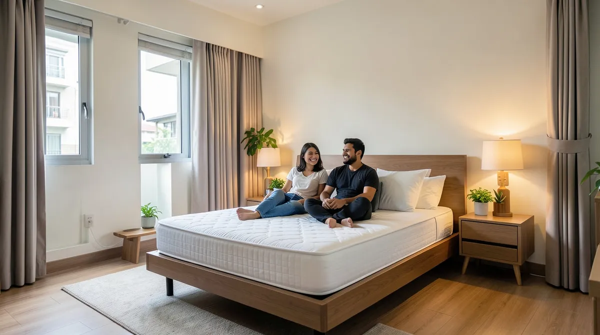 Latex mattress on a bedframe in a well-organised Singapore master bedroom