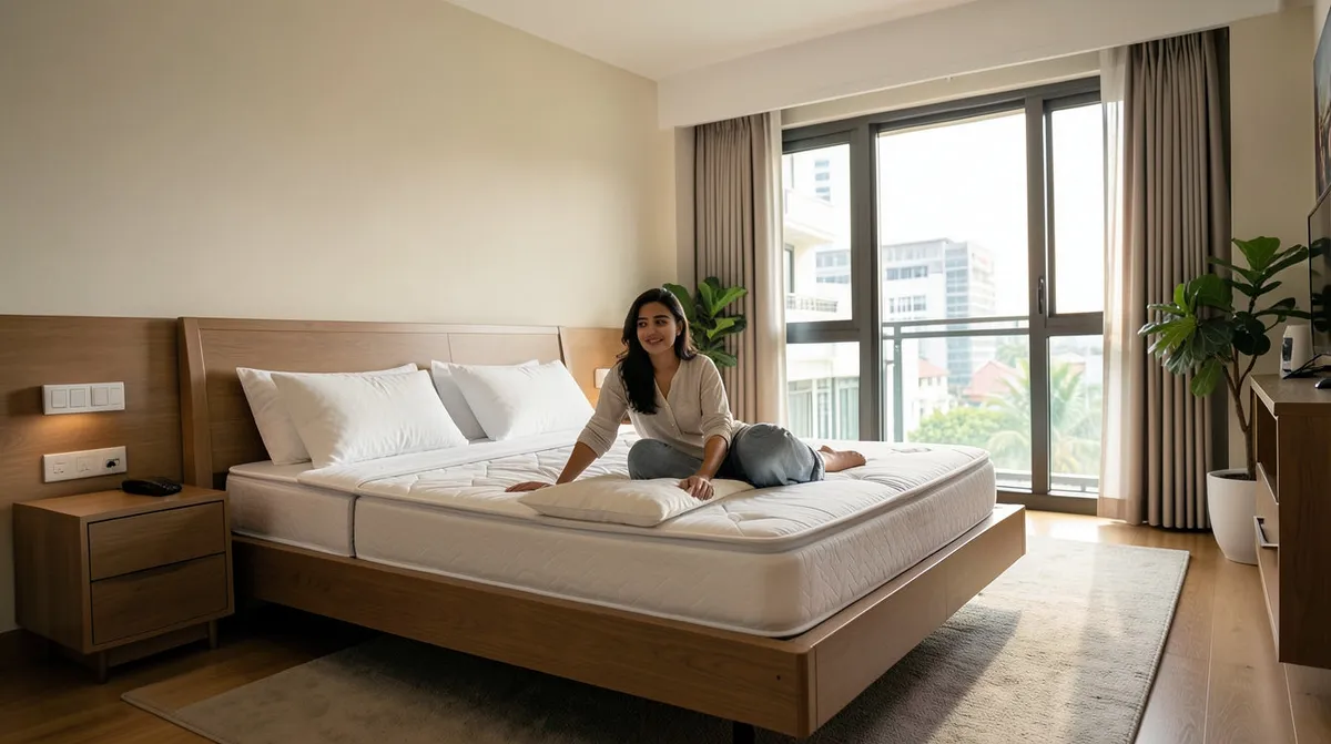 Mattress and bedframe setup in a Singapore bedroom with a wardrobe nearby