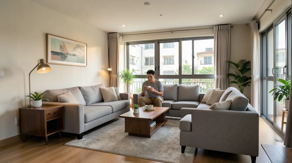 Living room furniture near a window with curtains blocking direct west-facing sunlight
