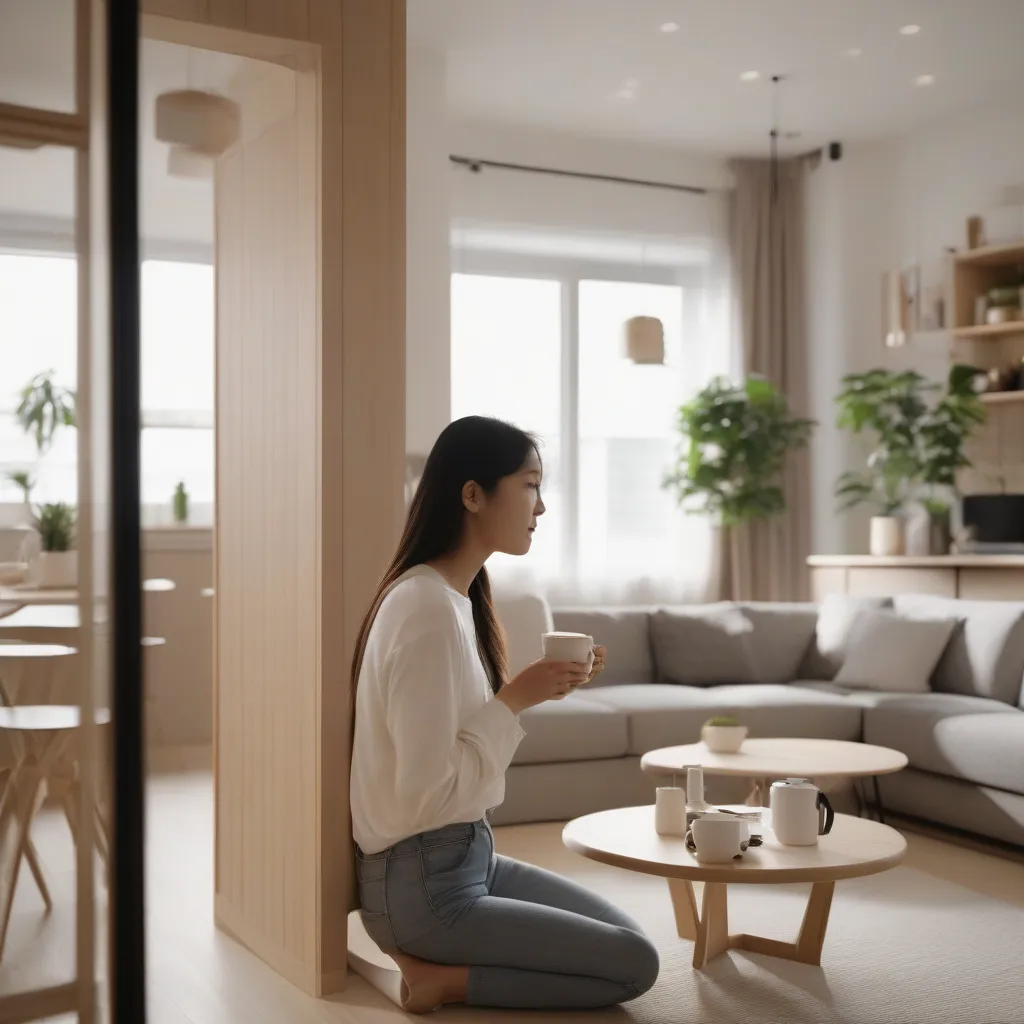 Living room furnished in a blend of Scandinavian light wood and modern sleek furniture