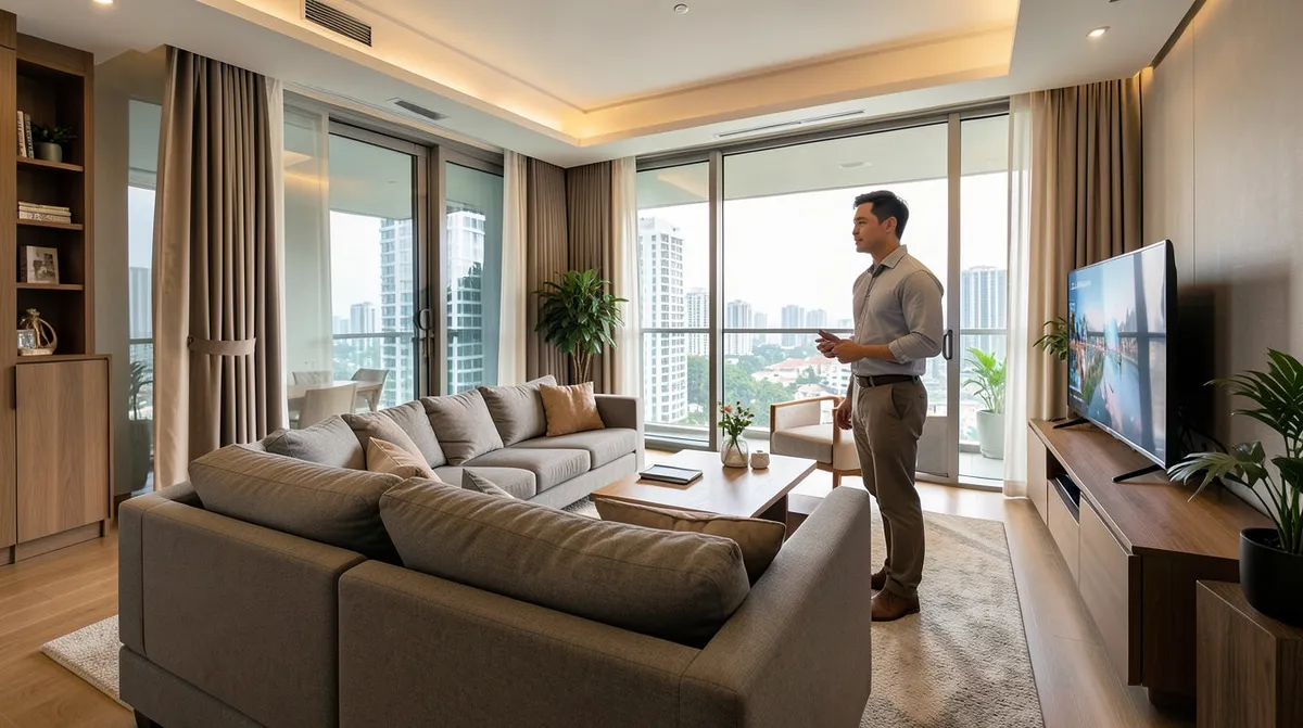 A sectional sofa arranged in an L-shape in a spacious living room