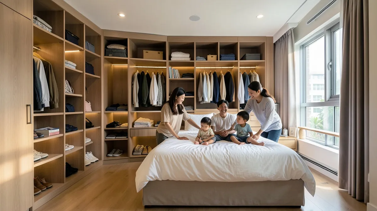 Bedroom wardrobe comparison showing sliding and swing door styles in a compact Singapore room