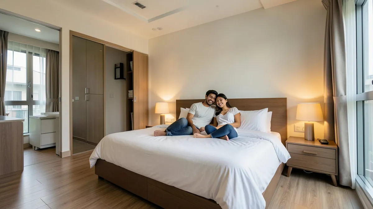 Compact condo bedroom layout fitting a queen bed, wardrobe and dressing area