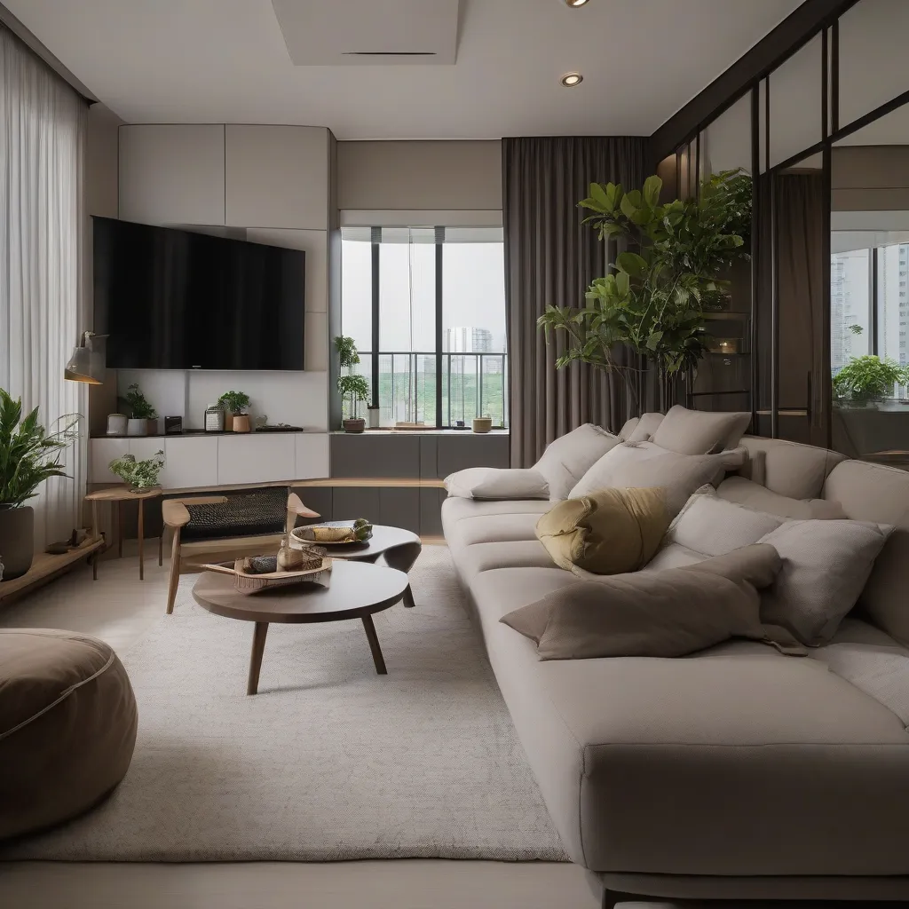 A reconfigured HDB living room showing a family using their newly arranged furniture layout